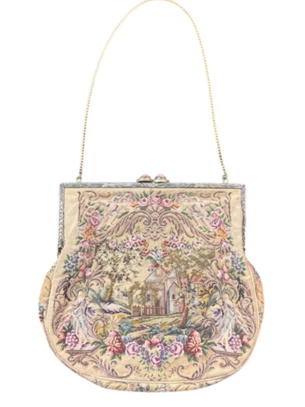 Antique Micro Victorian Petite Point Purse - Hand Embroidered Needlework, Gold F
